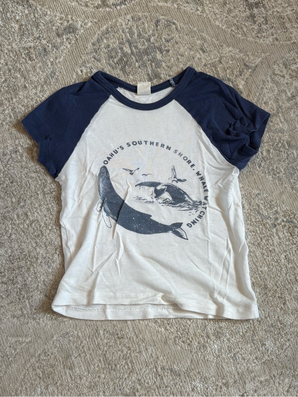Urban Outfitters White Tee with Navy Raglan Sleeves and Whale Graphic